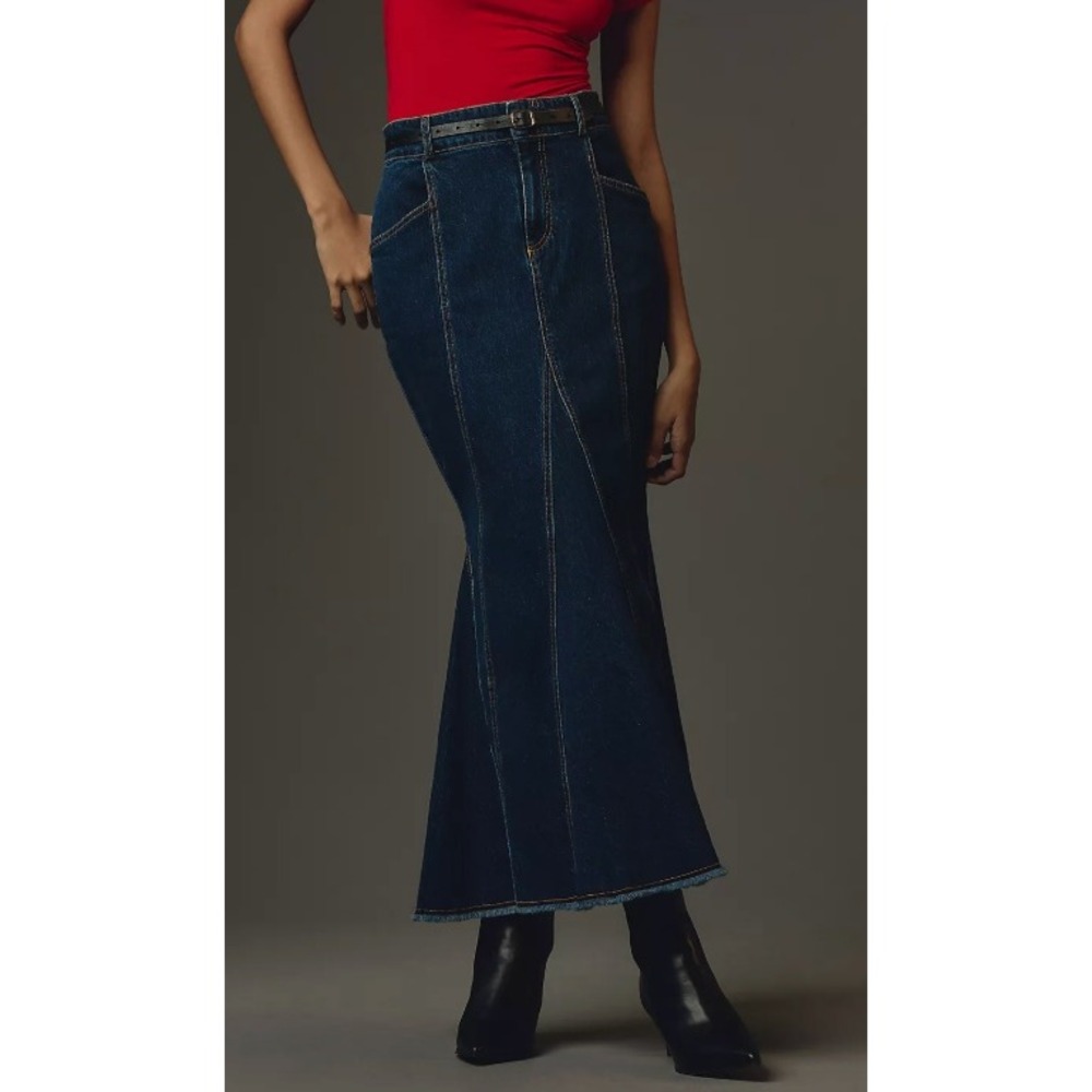 Pilcro Anthropologie Pilcro Fluted Denim Maxi Skirt Dark Wash Mermaid Size 0